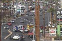 Police investigate a three-vehicle crash Wednesday, Nov. 5, 2025, near South Valley View Boulev ...