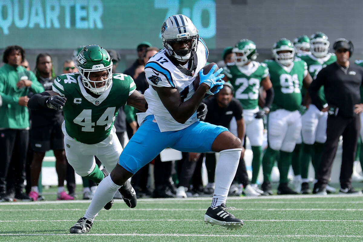 Carolina Panthers wide receiver Xavier Legette (17) in action against New York Jets linebacker ...