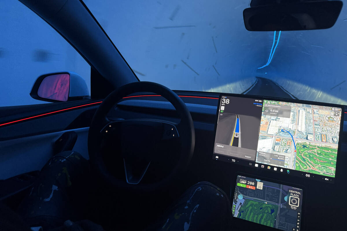 A Boring Co. Tesla during a self-driving ride in the Vegas Loop on Thursday, Nov. 6, 2025. (Mic ...