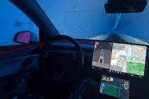 A Boring Co. Tesla during a self-driving ride in the Vegas Loop on Thursday, Nov. 6, 2025. (Mic ...