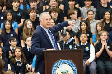 Gov. Joe Lombardo presents his education bill during a press conference at Pinecrest Academy of ...