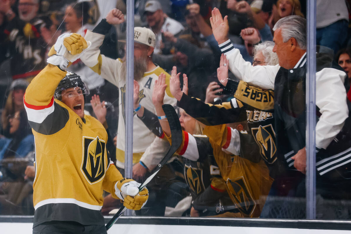 Golden Knights center Ivan Barbashev (49) celebrates his first goal in the first period of the ...