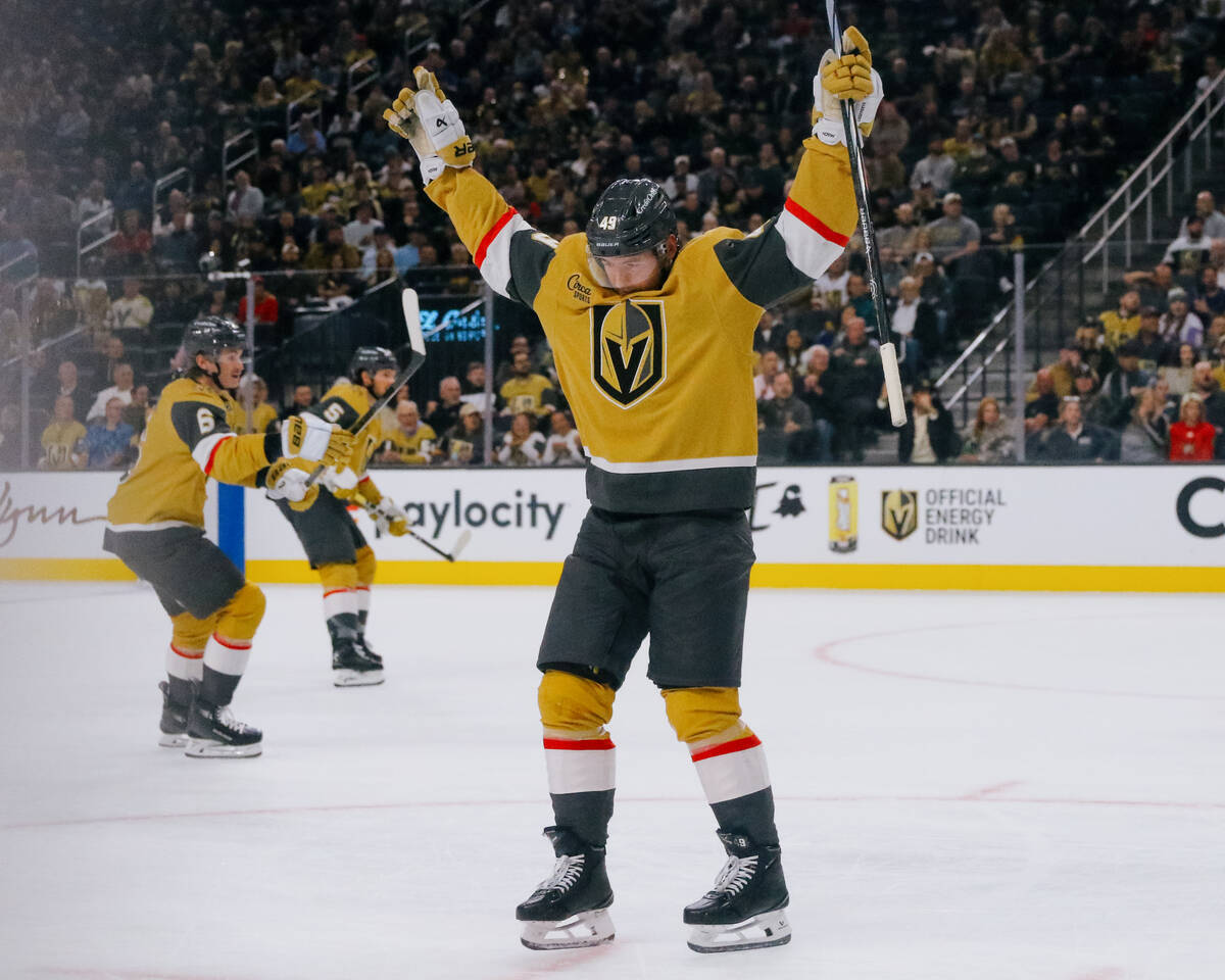 Golden Knights center Ivan Barbashev (49) celebrates his second goal in the first period of the ...