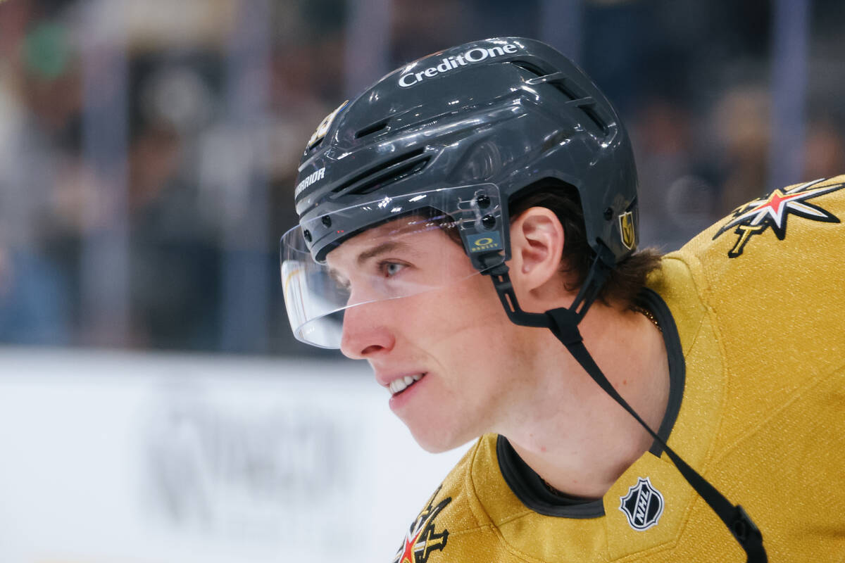 Golden Knights right wing Mitch Marner (93) skates back out onto the ice for the second period ...