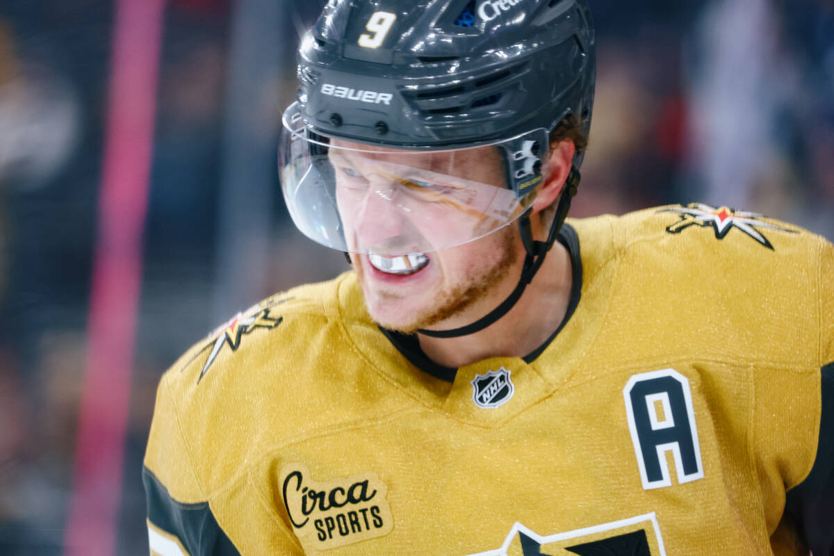 Golden Knights center Jack Eichel (9) winces after the Tampa Bay Lightning scored a goal in the ...