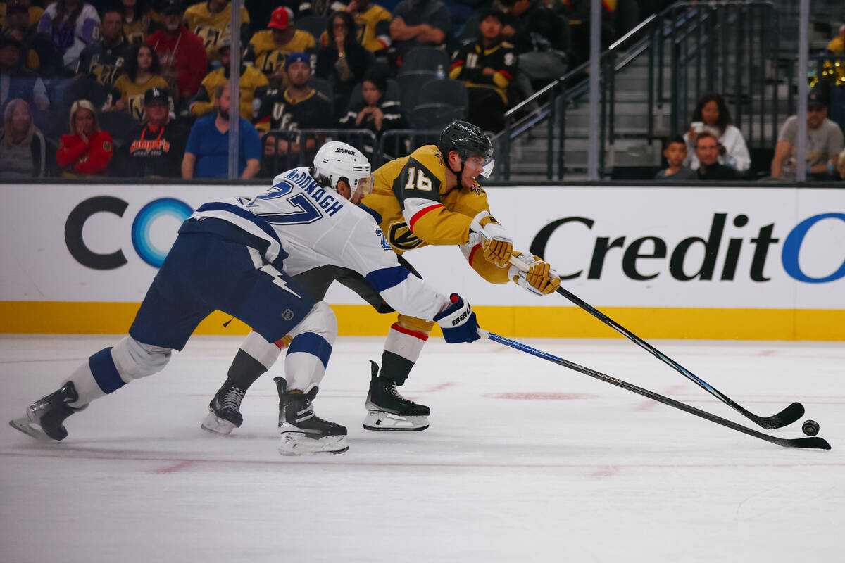 Golden Knights left wing Pavel Dorofeyev (16) and Tampa Bay Lightning defenseman Ryan McDonagh ...