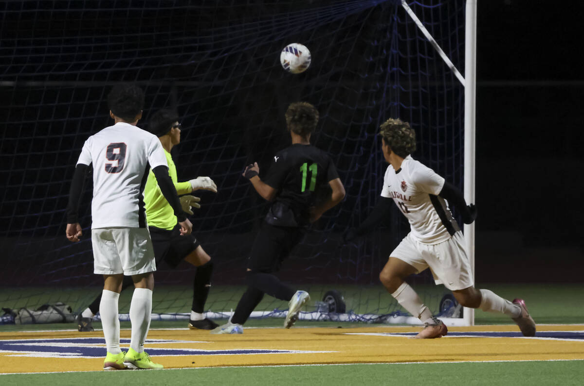 Chaparral scores against SLAM! Nevada during the first half of a Class 4A boys soccer state sem ...