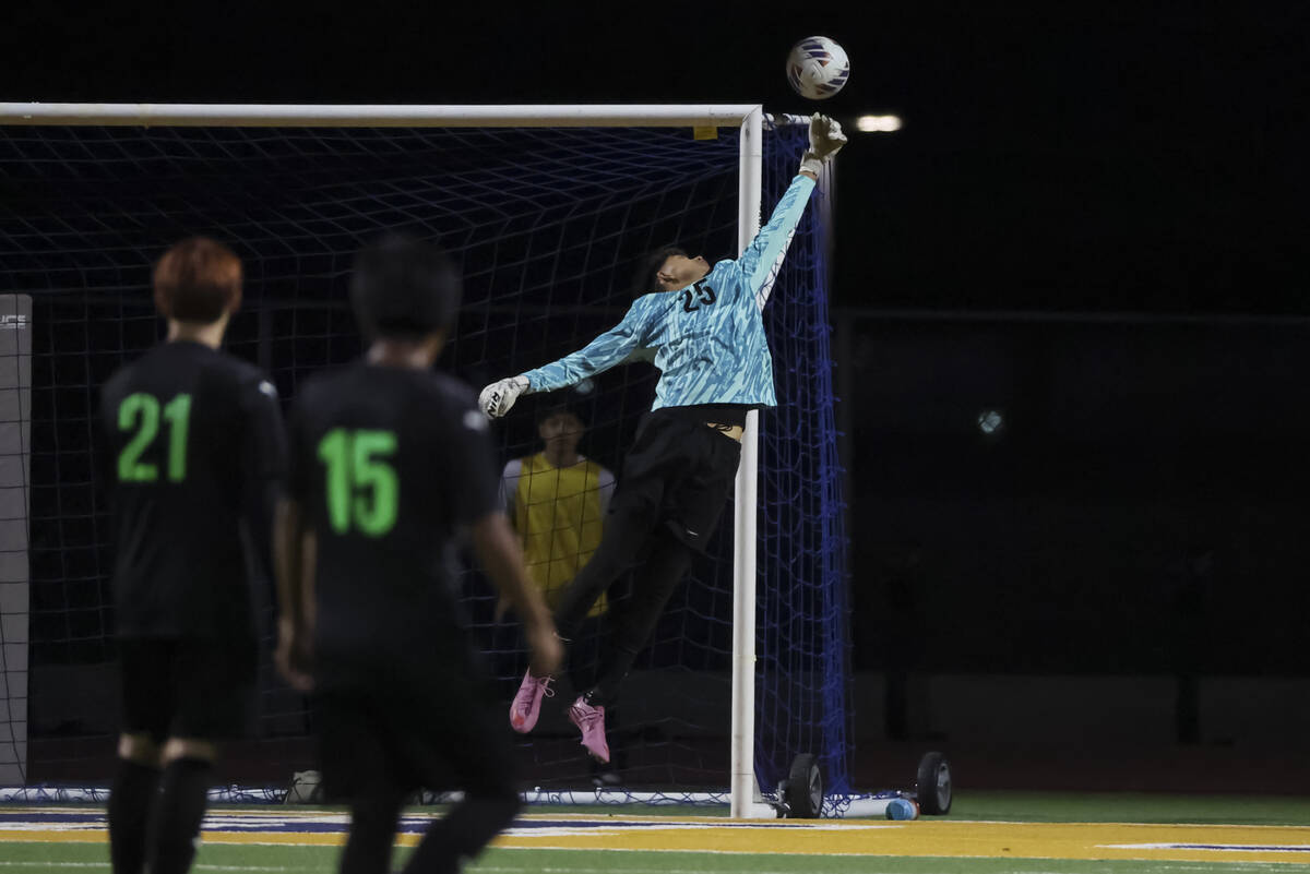 Chaparral goalkeeper Jozabad Garcia (25) blocks a shot from SLAM! Nevada during the second half ...