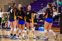 Sierra Vista teammates celebrate during a class 4A girls volleyball state semifinals game at Su ...