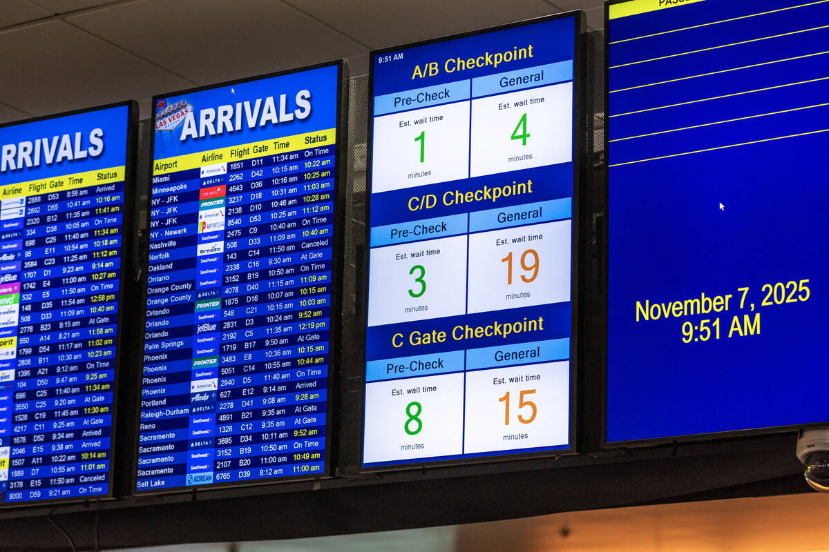 Passengers can check wait times on the concourse as the FAA has reduced flights by 4% so far at ...