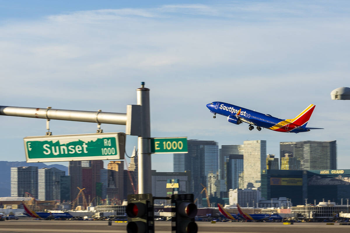 A Southwest Airlines plane takes off at Harry Reid International Airport Wednesday, Nov. 5, 202 ...