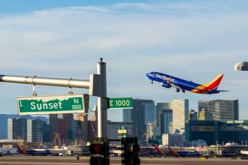 A Southwest Airlines plane takes off at Harry Reid International Airport Wednesday, Nov. 5, 202 ...