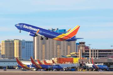 A Southwest Airlines plane takes off at Harry Reid International Airport Wednesday, Nov. 5, 202 ...