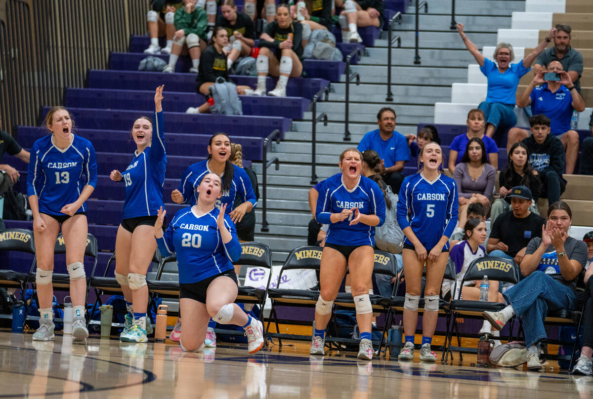 Carson celebrates after winning a point during a Class 5A girls volleyball state semifinal matc ...