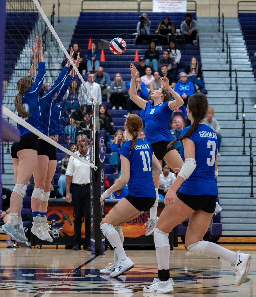 Bishop Gorman’s Sienna Gostanian (5) attempts to save the ball during a Class 5A girls v ...