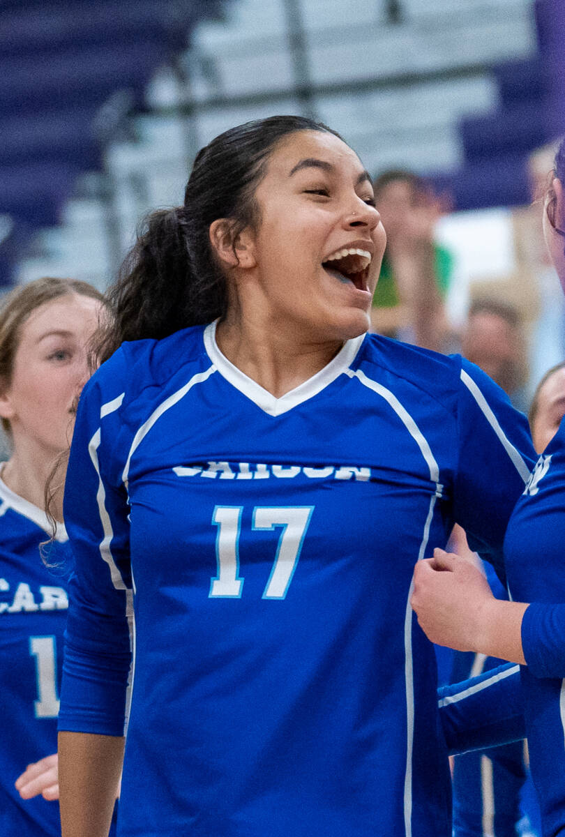 Carson’s Abi Pulido (17) yells after winning a point during a Class 5A girls volleyball ...