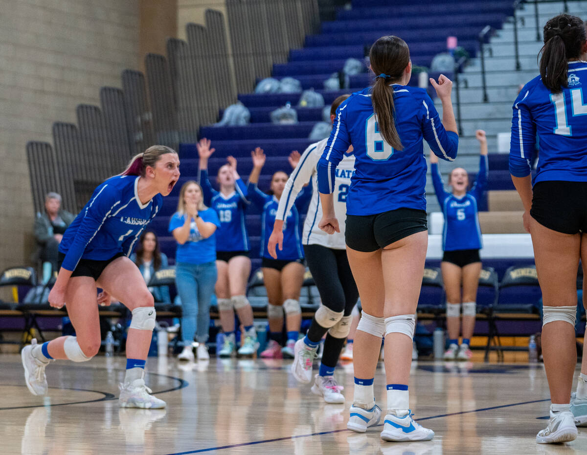 Carson reacts after winning a point during a Class 5A girls volleyball state semifinal match ag ...