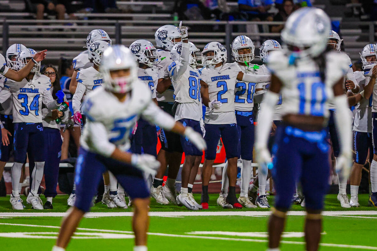 Centennial players get pumped up during a class 5A high school football southern region semifin ...