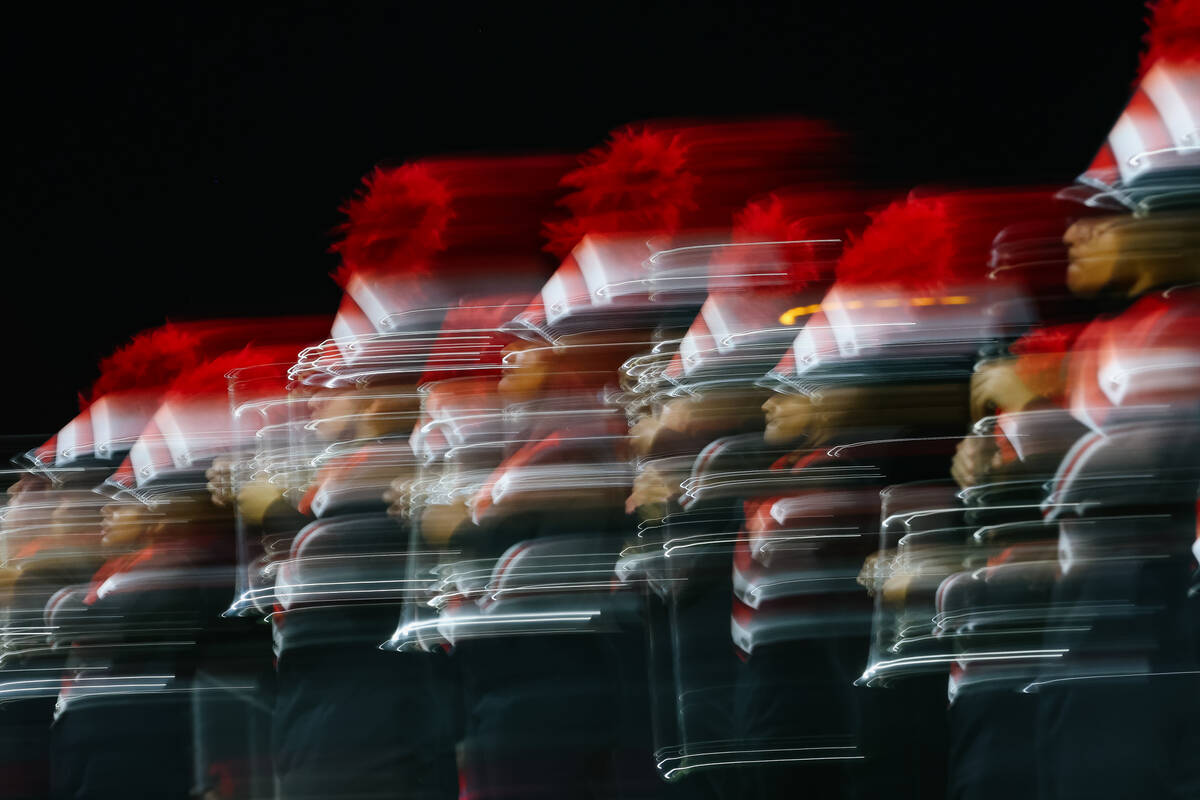 In this long exposure image, the Las Vegas High School Band performs their 2025 show, “R ...