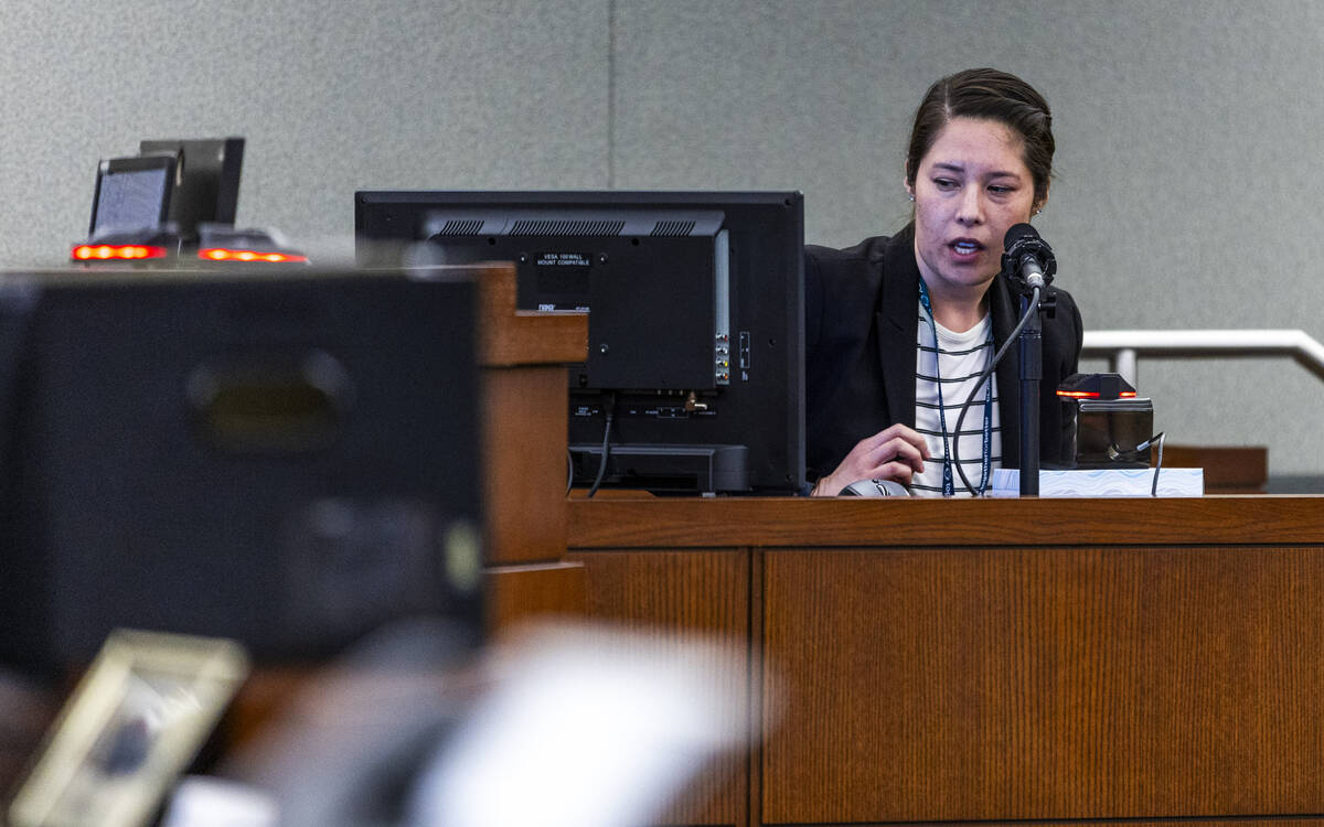 Clark County Medical Examiner Dr. Stephanie Yagi answers an attorney question on the stand duri ...