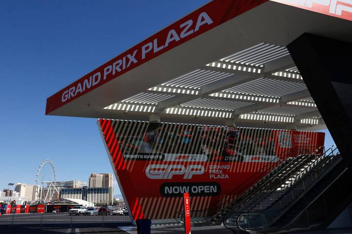 The Grand Prix Plaza entrance on May 2, 2025, in Las Vegas. (Bizuayehu Tesfaye/Las Vegas Review ...