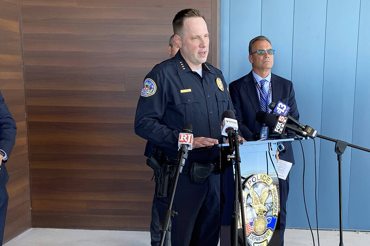 Henderson Police Chief Reggie Rader speaks on Friday, Nov. 7, 2025, about the arrest of a man i ...