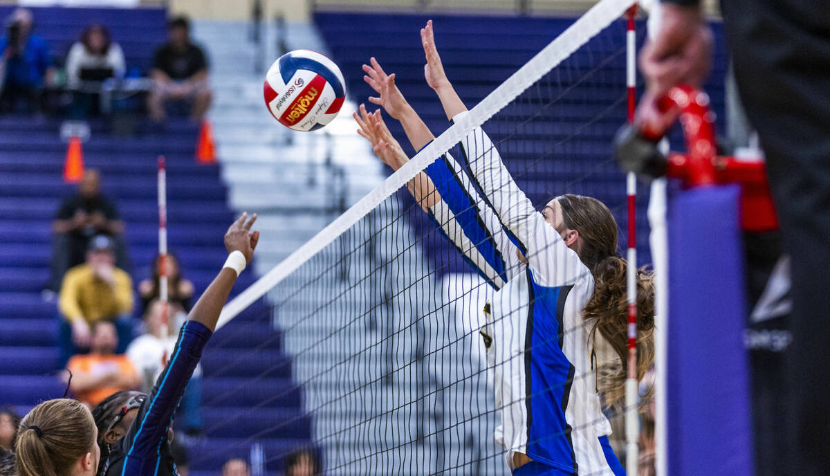 Silverado's Jaida Rainey (3) pokes the ball over extended hands from Sierra Vista players ...