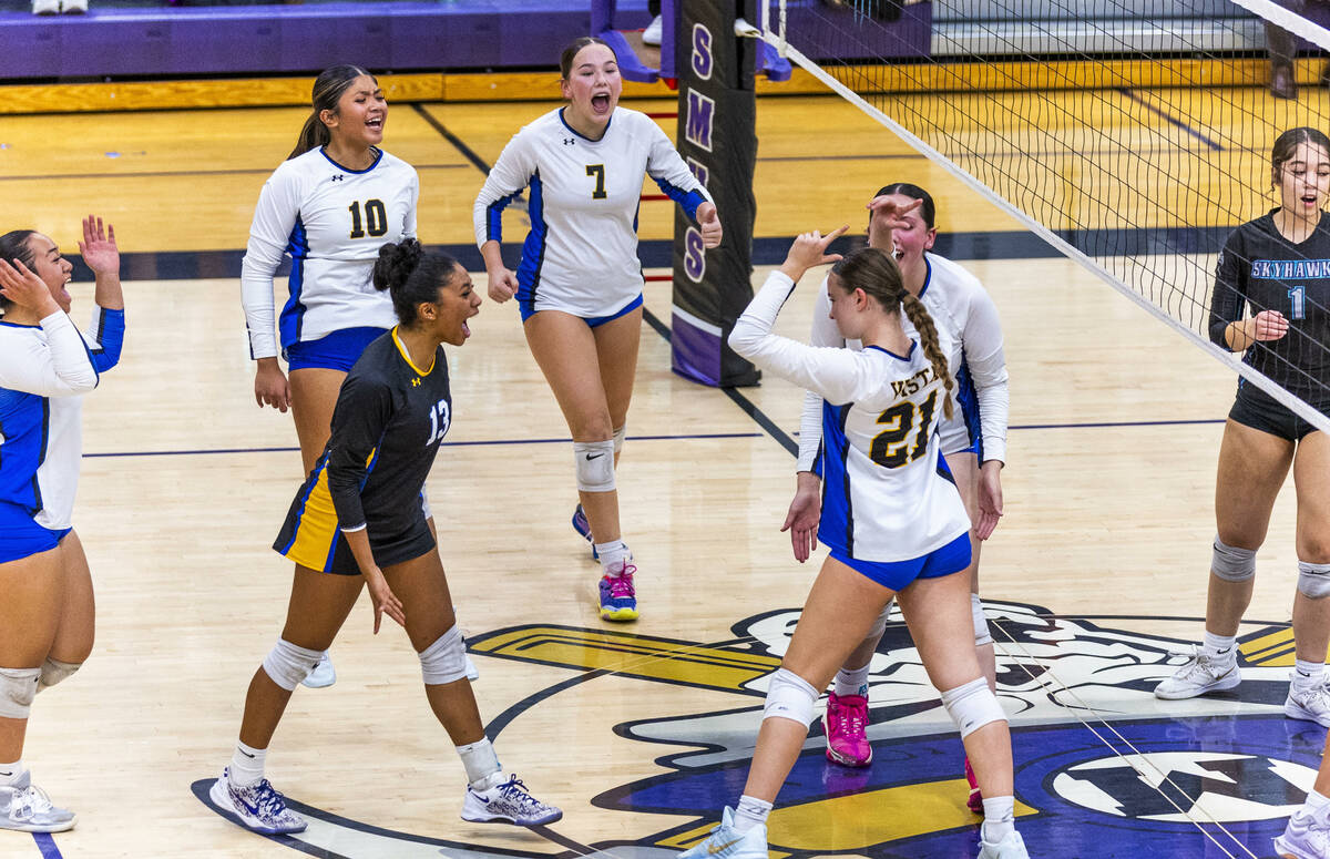 Sierra Vista players are pumped up after a game win against Silverado during their 4A girls vol ...