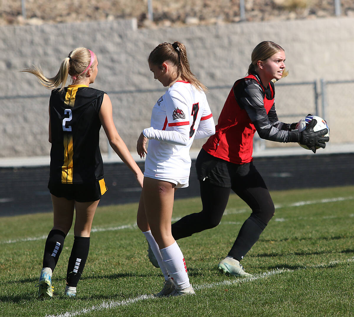 Doral Academy Red Rock’s Kenadie Mashore makes a save while taking on Galena during the NIAA ...