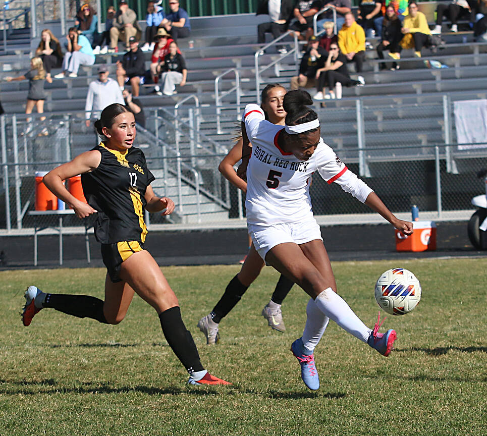 Doral Academy Red Rock’s Sanyi Thompson scores a goal while taking on Galena during the NIAA ...