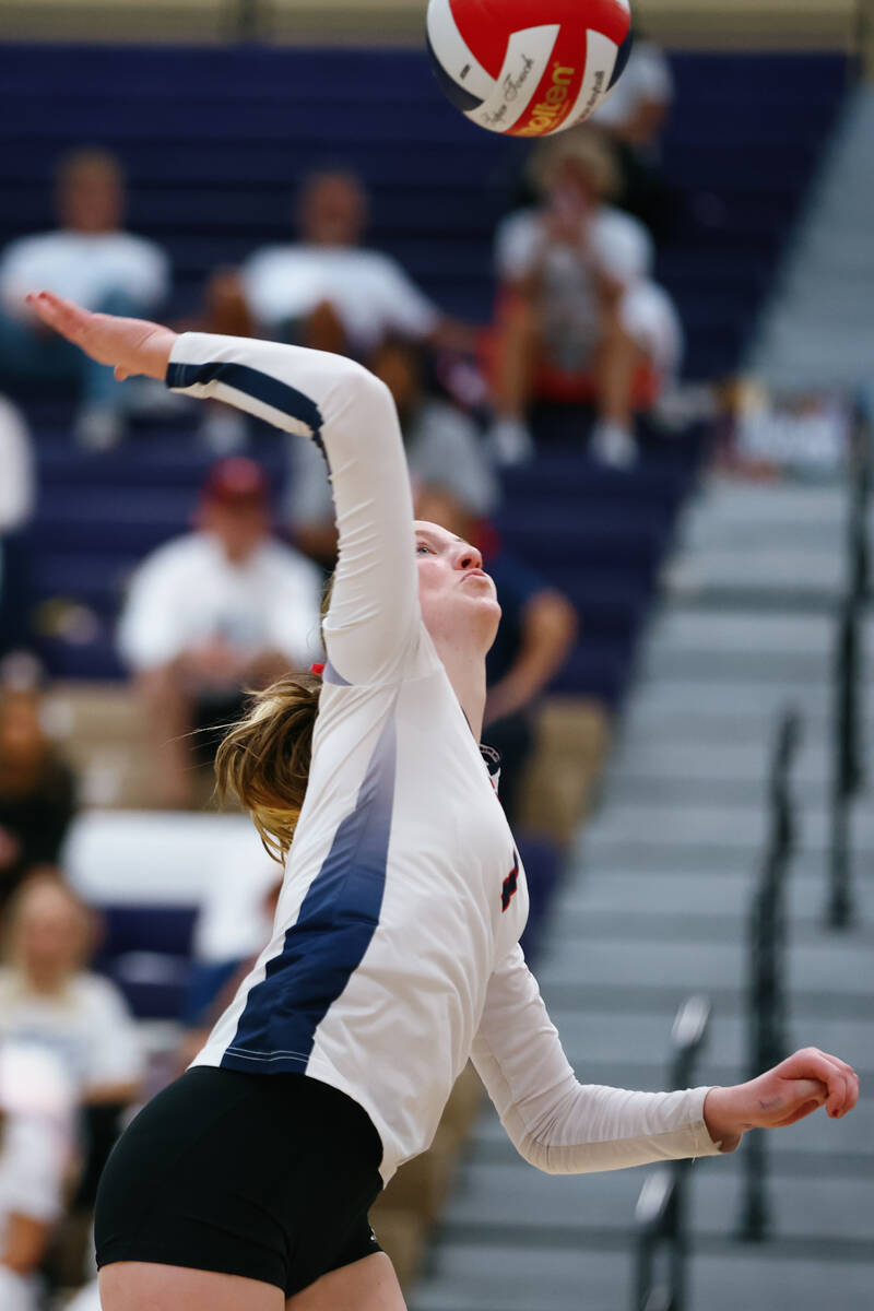 Coronado middle blocker Hannah Wayment (1) hits against Bishop Gorman during the 5A girls volle ...