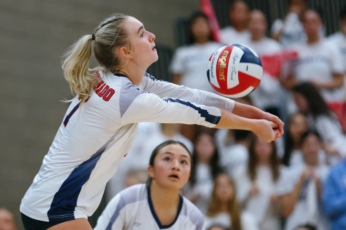 Coronado outside hitter Gentry Oblad (7) passes from the back row during the 5A girls volleybal ...