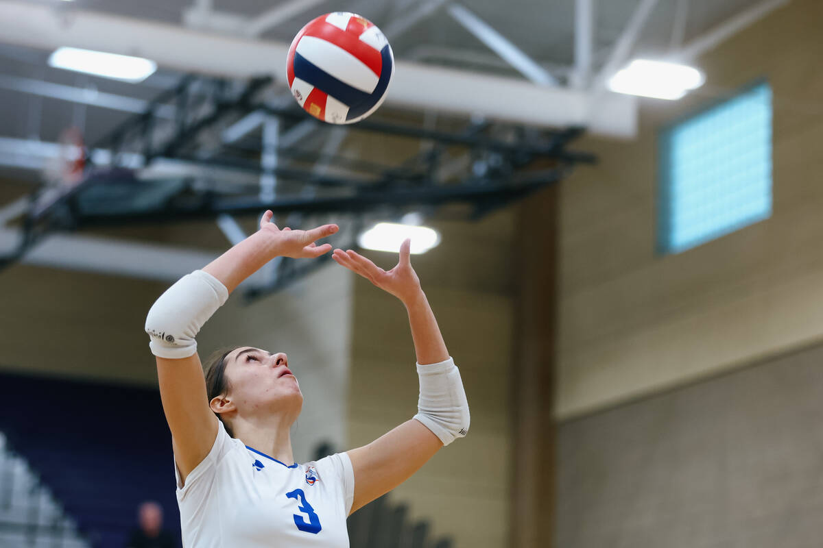 Bishop Gorman outside hitter Boyana Pesic (3) gets the second touch on the ball during the 5A g ...