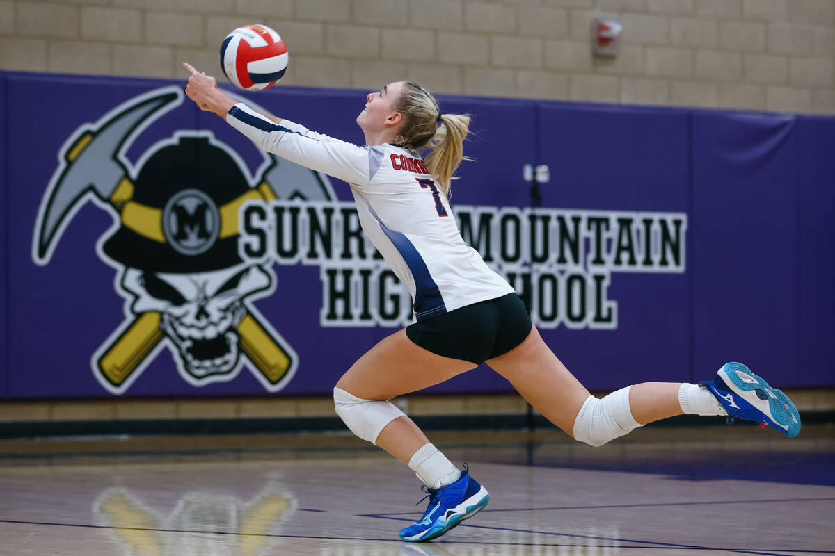 Coronado outside hitter Gentry Oblad (7) dives to save a shanked ball during the 5A girls volle ...