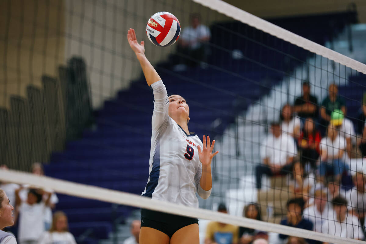 Coronado middle locker Rachel Purser (9) hits against Bishop Gorman during the 5A girls volleyb ...