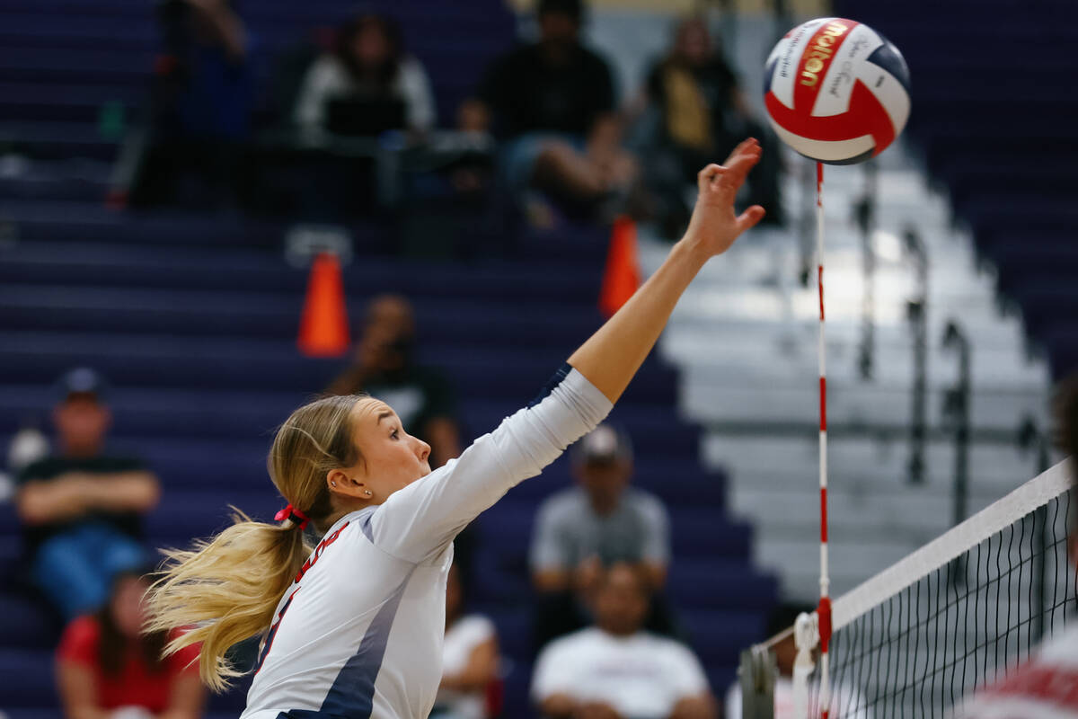 Coronado middle locker Rachel Purser (9) hits against Bishop Gorman during the 5A girls volleyb ...