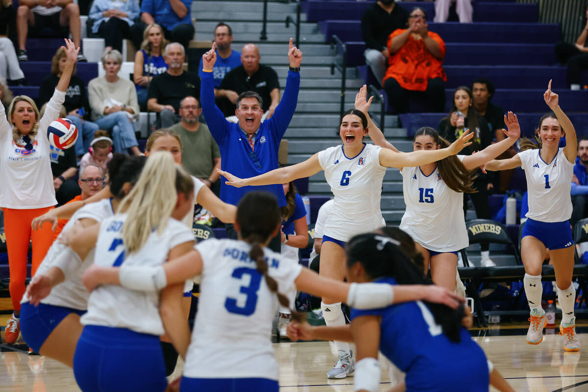 The Bishop Gorman bench sprints onto the court to celebrate the Gaels’ win over Coronado ...