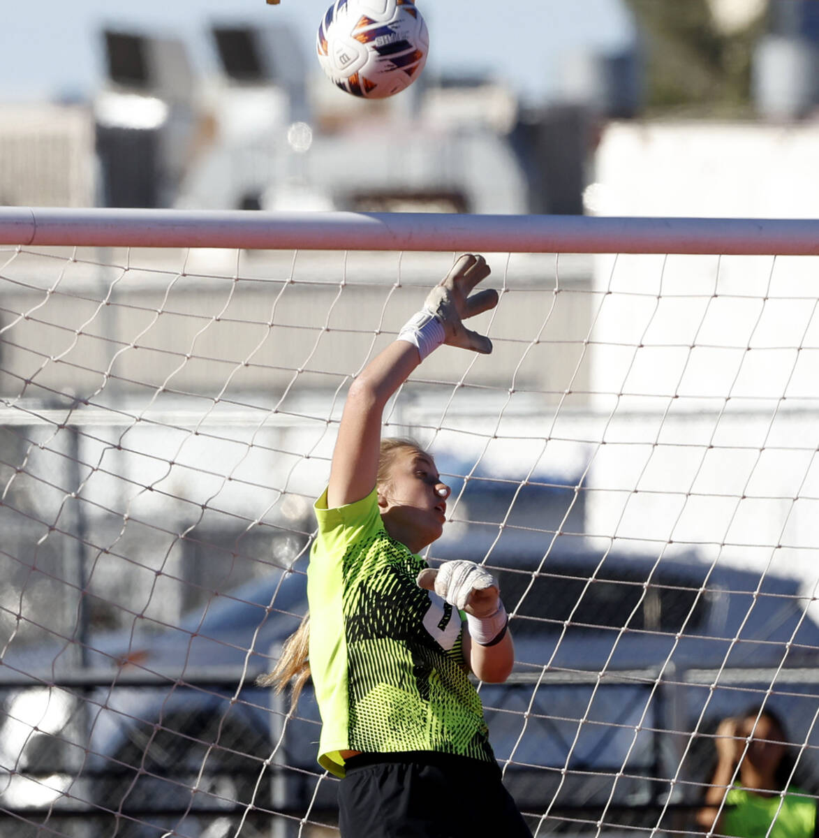 Coronado's goalkeeper Lilian Foss (0) deflects the ball during a Class 5A girls state cham ...
