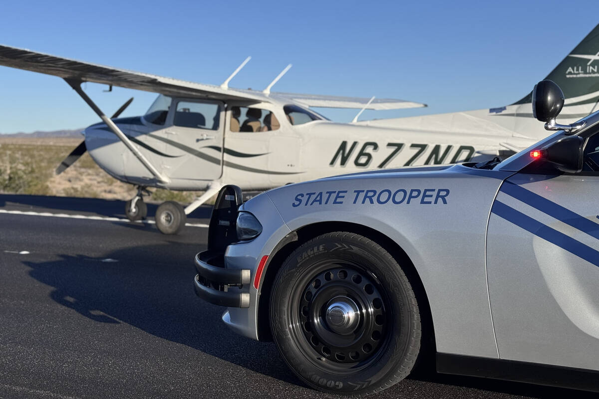 A plane made an emergency landing on Interstate 15 two miles past Jean on Saturday. (NHP)