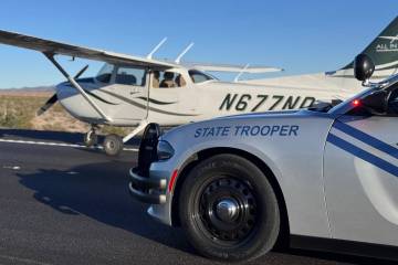 A plane made an emergency landing on Interstate 15 two miles past Jean on Saturday. (NHP)