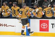 Vegas Golden Knights defenseman Kaedan Korczak (6) celebrates his third-period goal against the ...