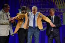 FILE - Paul Tagliabue, a member of the Pro Football Hall of Fame Centennial Class, receives his ...