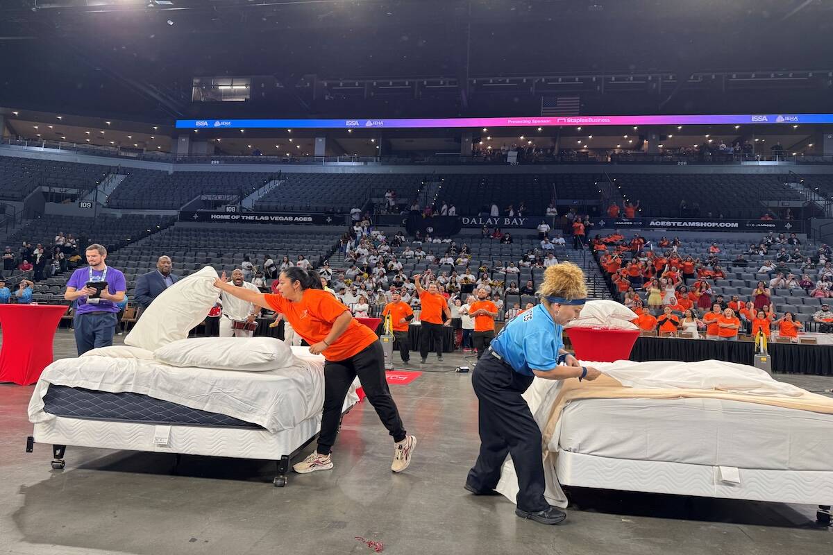 Las Vegas housekeepers and custodial staff put their skills to the test Monday, Nov. 10, 2025, ...