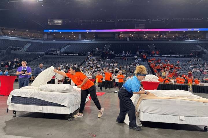 Las Vegas housekeepers and custodial staff put their skills to the test Monday, Nov. 10, 2025, ...