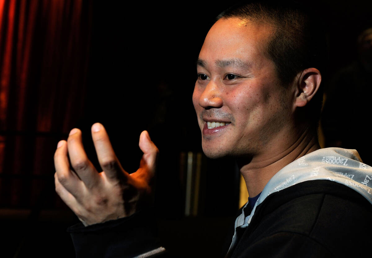 Zappos CEO Tony Hsieh gestures during an interview before the start of the LaunchUp Las Vegas e ...