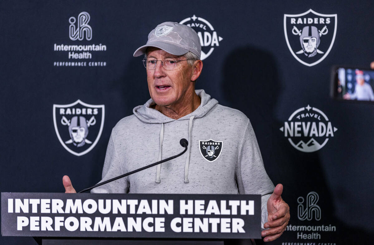 Raiders head coach Pete Carroll answers a media question at the Intermountain Health Performanc ...