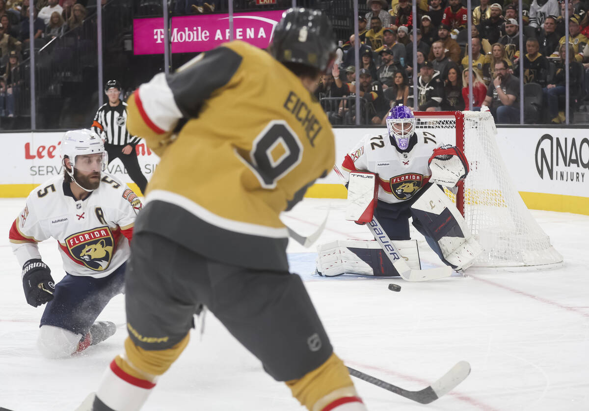 Golden Knights center Jack Eichel (9) shoots against Florida Panthers goaltender Sergei Bobrovs ...