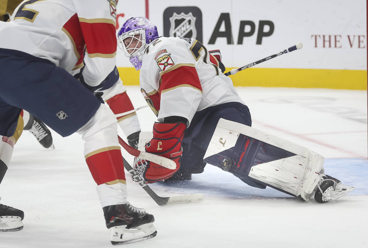 Florida Panthers goaltender Sergei Bobrovsky (72) blocks the shot of Golden Knights center Toma ...