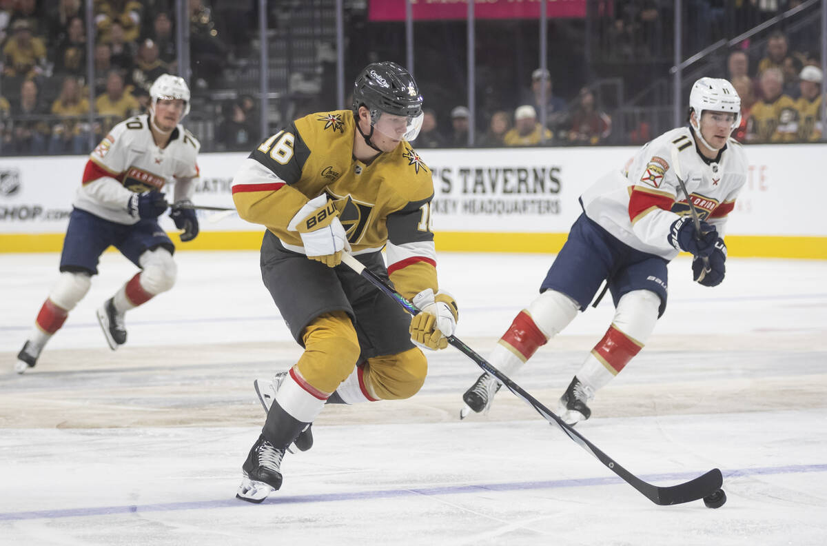 Golden Knights right wing Pavel Dorofeyev (16) skates with the puck during the first period of ...