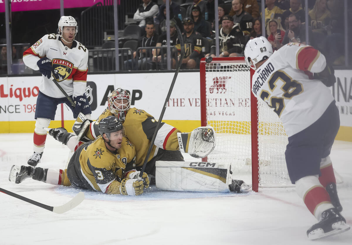 Florida Panthers left wing Brad Marchand (63) misses the goal as Golden Knights defenseman Bray ...